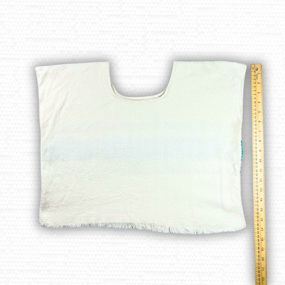 Women's Soft Boxy Crop Top, Vtg Sleeveless Mexican Top, Cream & Teal, Small, EUC - Picture 7 of 8